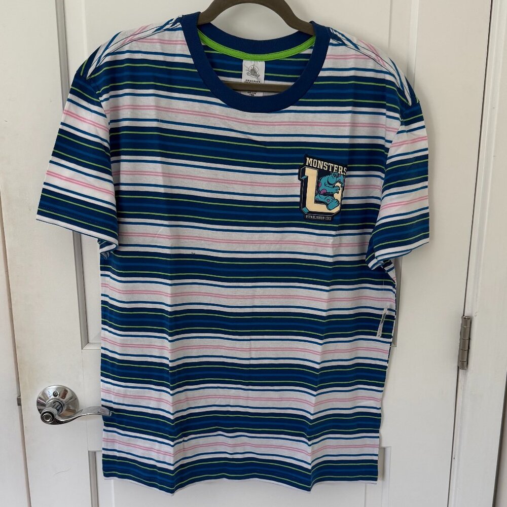 NWT Disney Parks Monsters University Blue Pink Retro Striped Tee Adult MED